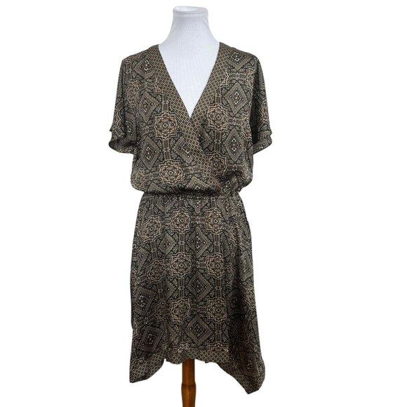 Michael Kors Blouson Dress Asymmetrical Large Brown Gold Long Sleeve Deep V-Neck - Picture 1 of 7